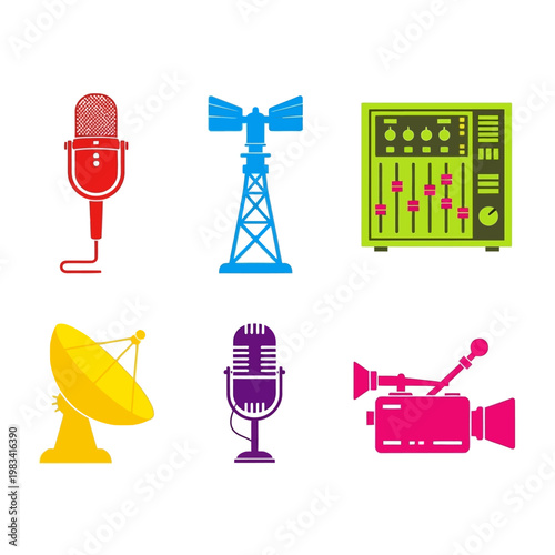 Retro Media Equipment Icons: Microphone, Tower, Mixer, Satellite, Camera
