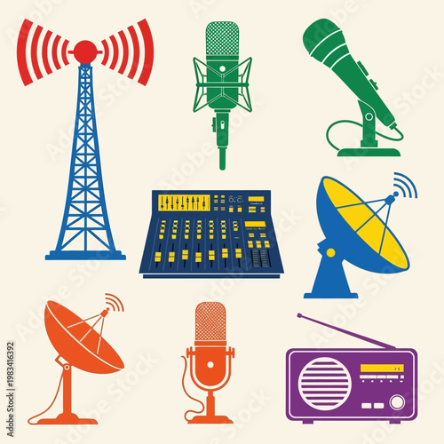 Retro Media Icons: Radio, Microphones, Transmitter, Mixer, Satellite Dish