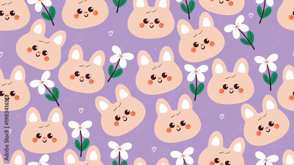 Fototapeta premium cute seamless pattern cartoon bunny with flowers. cute animal background pattern for desktop wallpaper