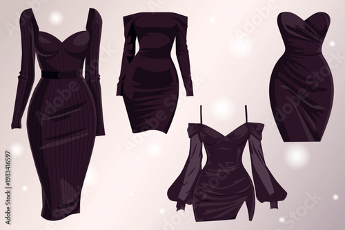 Elegant Women's Dresses in Plum Noir, Vector Set of Cocktail and Evening Outfits, Bodycon Midi and Mini Dresses with Draped Details and Off-the-Shoulder Sleeves for Luxury Fashion Design