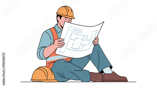 Construction Blueprint: A construction worker is engrossed in examining a blueprint, his focus set on detailed plans, essential for building structure.