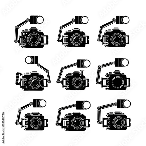 Set of Black Camera Icons with External Flash and Stabilizer Arm