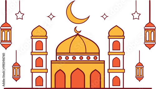 Ramadan kareem with mosque, crescent moon, stars and lanterns on white background