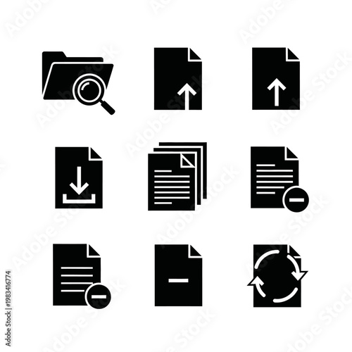 Set of Black Document and Folder Icons: Search, Upload, Download, Files, Delete, Refresh