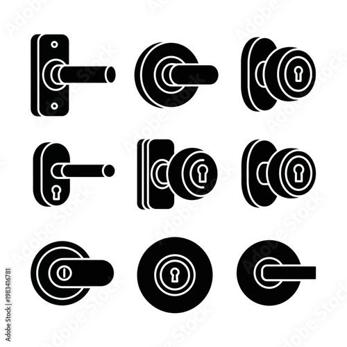 Set of Black Door Handles and Knobs Icons, Vector Collection