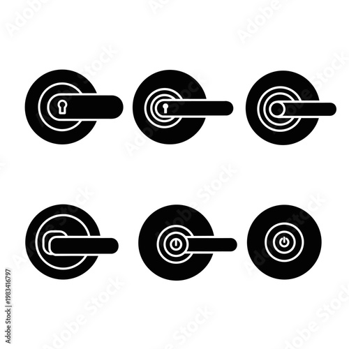 Set of black door handles icons, modern lever and knob designs