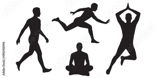 Four black silhouettes of people practicing yoga poses