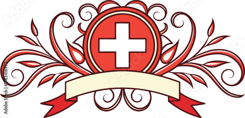 Red swiss flag badge with ornate golden wreath and ribbon