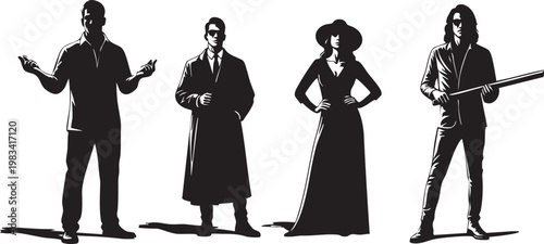 Four black silhouettes of formally dressed people standing in a row four people formal attire