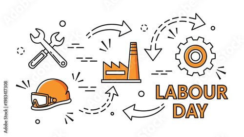Labour Day Icon: A vector illustration celebrating Labour Day, with essential industry elements such as wrenches, factories, gears, and construction helmets.