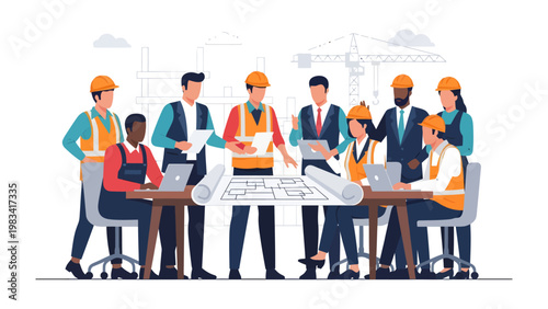 Construction Team Collaboration: A focused group of construction professionals, clad in hardhats and safety vests, gather around a blueprint, engaged in collaborative discussion and planning.
