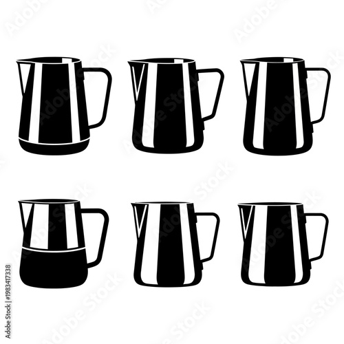 Set of Six Black and White Milk Pitchers for Barista Coffee Art