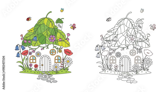 Cute fairy tale house coloring page for kids. Magical forest cottage with leaf roof, flowers and insects. Black and white line art with colorful template.