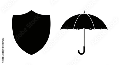 Shield and Umbrella Icons: Protection, Security, Safety, Insurance, Defense, Coverage