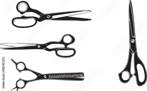 Four distinct pairs of black and white scissors isolated on white background cutting tool