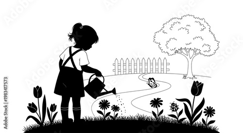Silhouette of a young girl watering plants in a garden with tulips and a butterfly
