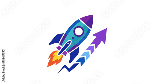Startup growth rocket icon with an upward trending arrow, representing business acceleration, success, and rapid development in the market.
