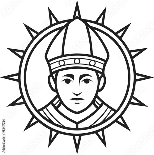A man wearing a bishops miter and robe framed by a radiant sun symbol