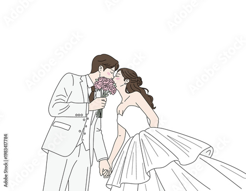 Happy wedding couple illustration for marriage invitation and celebration (청첩장 모바일 초대장 용 귀여운 신랑 신부 일러스트 디자인)