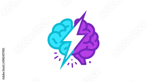 Stylized brain icon split in half, one side cyan and the other purple, with a lightning bolt striking through, symbolizing ideas, intelligence, and energy.
