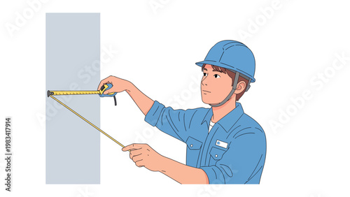 Measuring in Construction: A construction worker meticulously measures a wall using a measuring tape. the scene exudes a sense of precision, diligence, and expertise.