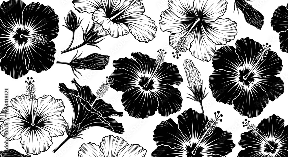 Fototapeta premium Black and white floral pattern hibiscus and botanical sketch