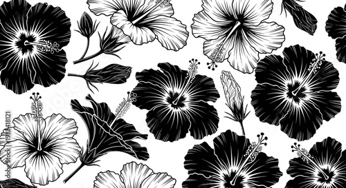 Black and white floral pattern hibiscus and botanical sketch