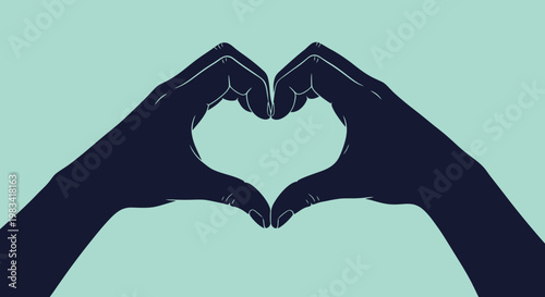 Silhouette of two hands forming a heart shape against a light blue background