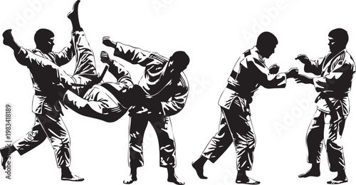 Four judo athletes in dynamic throws and grappling action poses black and white dynamic poses
