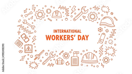 International Workers' Day Banner: A stylized banner commemorating International Workers' Day, incorporating thematic tools and design elements to honor workers' contributions.