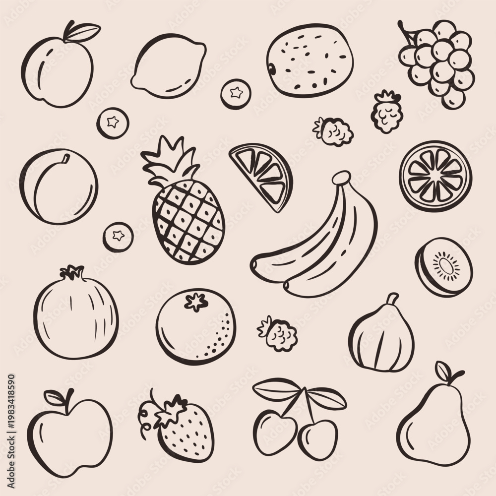 Obraz premium Naive hand drawn fruit doodle set in square layout. Minimal sketch style with imperfect lines and boho color palette. Modern organic collection for packaging, social media, posters, stickers and patte