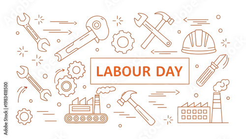 Labour Day Illustration: A graphic representation of Labor Day, featuring tools and industrial elements, celebrating the contributions and achievements of workers and the workforce.