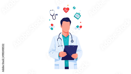 Medical Professional's Realm: A skilled medical practitioner, armed with a stethoscope and a clipboard, stands amidst a symbolic display of health, care, and well-being.