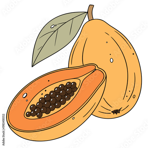 A cut and whole papaya with a leaf
