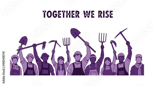 Vászonkép Together We Rise: A collective of diverse individuals stand united, lifting tools aloft against a clean background, symbolizing solidarity and empowerment