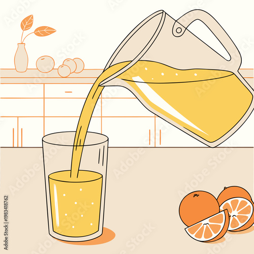 Freshly squeezed orange juice being poured into a glass