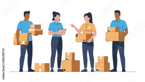 Logistics Professionals: A collaborative team of logistics professionals meticulously manage and organize an array of parcels, demonstrating a keen attention to detail within their workplace.