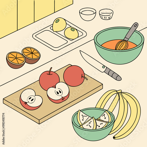 A kitchen counter with fruit and food preparation