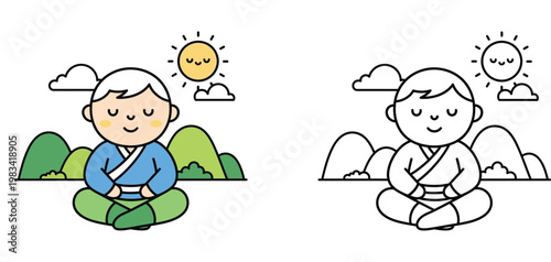 Happy Boy Meditating Outdoors Cartoon Illustration with Coloring Page Version, Zen Peaceful Child Mindfulness Practice in Nature with Mountains and Sun Vector Graphic for Kids Education
