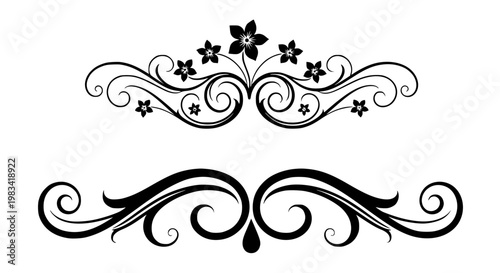 Floral flourish ornament vector design set featuring elegant decorative swirls and classic botanical elements isolated on a white background for professional invitations .