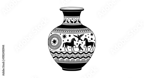 Greek vase illustration featuring decorative ancient patterns with horses and birds in a minimalist black and white vector graphic style isolated on a plain white background