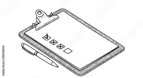 Clipboard with checklist vector illustration showing an isometric office tool with a pen and marked task boxes for professional management document reporting and business planning projects