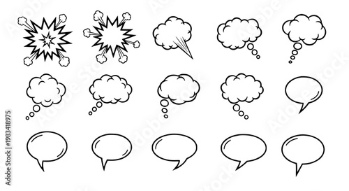 Speech bubble set featuring various comic book style talk clouds and explosion shapes for design projects isolated on a plain white background in black and white