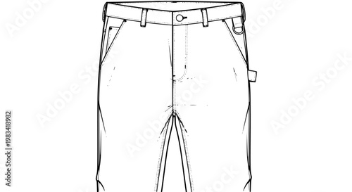 Work pants vector illustration showing technical fashion design sketch of durable utility trousers with pockets and belt loops for industrial construction apparel manufacturing and clothing industry.