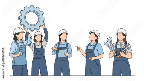 Female Mechanics in Action: A dynamic illustration showing a team of skilled female mechanics collaborating, showcasing their expertise with tools and a gear.