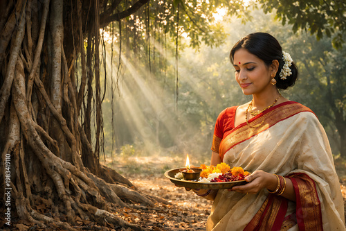 Graceful married women observing Vat Purnima, Vat Savitri Vrat, Vat Purnima Pournima fasting, tying sacred threads around banyan tree, seeking blessings for marital happiness and eternal togetherness