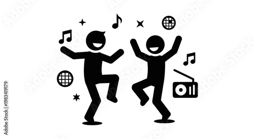 stick figure dancing with music symbols.