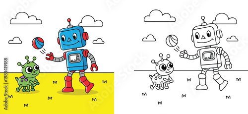 Cute Cartoon Robot Playing Ball with Alien Friend Illustration with Coloring Page Version, Happy Robot and Monster Outdoors in a Field for Kids Activities and Fun Vector Graphic
