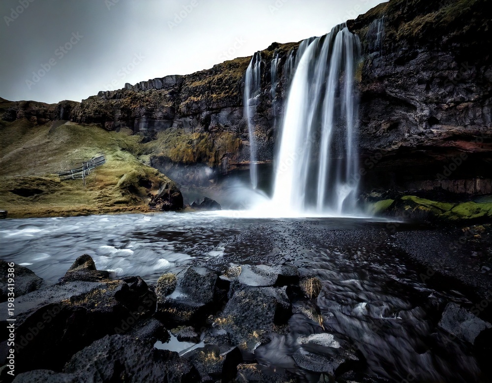 Obraz premium Massive Icelandic waterfall cascades over dark volcanic rocks under a moody grey sky