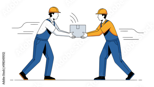 Collaborative Delivery: Two construction workers work in collaboration with a box to deliver the package in a workplace.